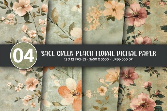 Download Sage Green Peach Floral Digital Paper - Sage Collection