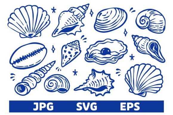 Download Hand Drawn Blue Seashell Doodle Set - Shell Collection